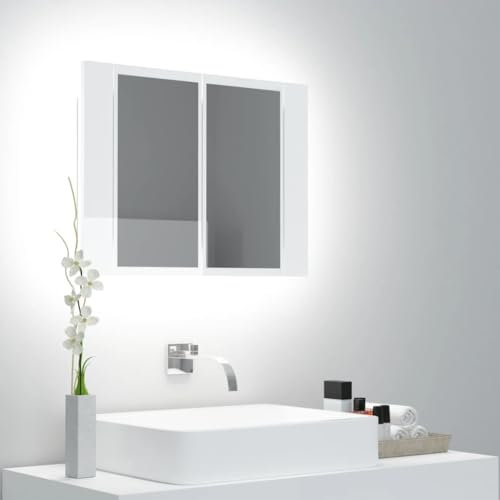 Myheimly LED Spiegelschrank, Badezimmerspiegel mit Beleuchtung Lichtfarbe Einstellbar, Badschrank mit viel Stauraum,Holzwerkstoff Spiegelschrank Hochglanz-Weiß