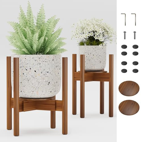 Semiocthome Adjustable Bamboo Plant Stand Indoor with Removable Tray, Wooden Flower Stand, Pot Holders Fits 20cm to 30cm Pots, Indoor Plant Stands for Living Room, Bedroom, Kitchen, 2 Pack - Walnut
