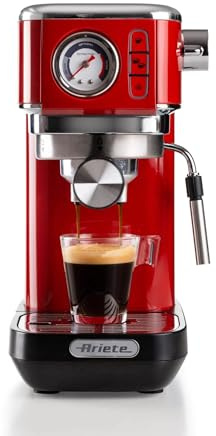 Ariete 1381 Kaffeemaschine mit Manometer, kompatibel mit Kaffeepulver und ESE-Pads, 1300 W, Fassungsvermögen 1,1 l, 15 bar Druck, ½ Tassen Filter, Cappuccino Gerät, rot