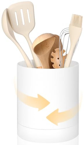 WDFCN Rotating Utensil Holder Kitchen Utensils Caddy White 360°Plastic 3 Compartment Cutlery Holder tensil Pot Rotating Utensil Organizer Utensil Crocks For Kitchen Countertop
