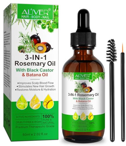 3 in 1 Rosemary Oil for Hair Growth, 100% Natural Hair Growth Oil with Rosemary, Jamaican Black Castor and Batana Oil, Promotes Hair Regrowth, Nourishes Scalp, Hair Loss Treatment, 2.02 fl.Oz