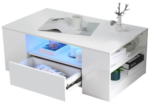 Oyajia Couchtisch mit LED-Beleuchtung, Modern Sofatisch Wohnzimmertisch mit 2 Schublade, 100x55x37cm