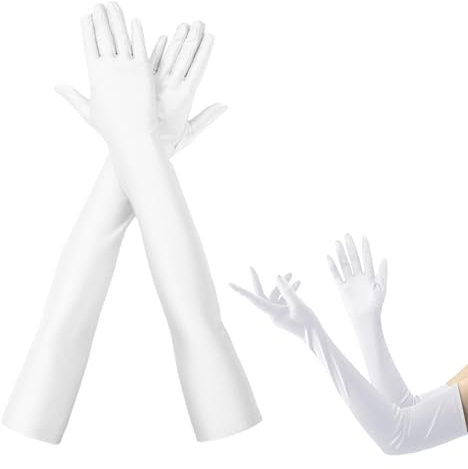 Handschuhe Lang, Handschuhe Elegant Damen, Satin Classic Abendhandschuhe, Elegant Satin Abendhandschuh im 1920er für Classic Opera Party, Weihnachten, HalloweenKarneval Kostüm, Abendessen Shows (Weiß)