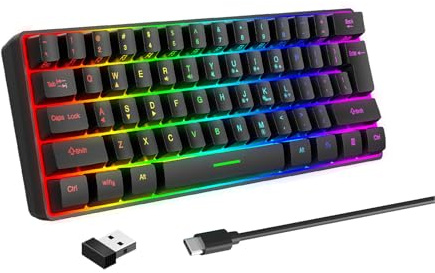 VBESTLIFE 60% Clavier sans Fil, Clavier de Jeu sans Fil 2.4G, rétro-éclairé RGB, Mode Veille, 61 Touches Mini Clavier Rechargeable pour Ordinateur Portable PC