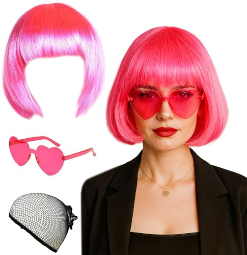 AYNKH 3 Pièces Perruques Roses pour Femmes, Ensemble Perruque et Lunettes de Soleil pour Fête, Perruque Bob Neon Colorée, Idéal pour Cosplay, Fêtes Quotidiennes, Carnaval, Halloween, Rose