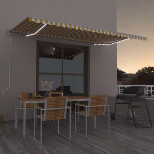 QJBSAVVA Automatische Markise mit LED Beleuchtung und Windsensor 500 x 300 cm Gelb/Weiß UV und wasserbeständig für Terrasse Balkon und Garten