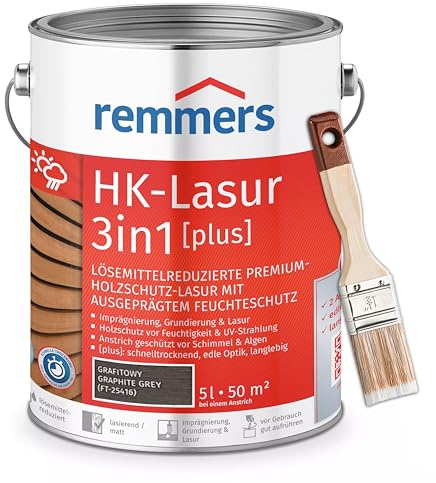 RemmersSet HK-Lasur 3in1 Plus + Pinsel Bandloo Set – Holzlasur für Außenbereich: Imprägnierung, Grundierung & Lasur in einem, Schutz vor Feuchtigkeit & UV-Strahlung, Varnish (Graphitgrau, 5 L)