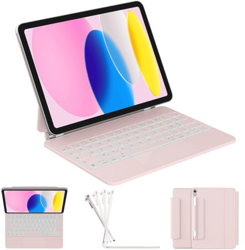 RAYMCRAFT für iPad (A16) 11th 2025/10th Generation Hülle mit Tastatur | 11-Farben-Hintergrundbeleuchtung, Multi-Touch Trackpad, Magnet‑Schwebhalter, Stifthalter, QWERTZ Layout, Rosa