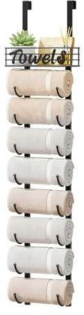 JF HOME BLISS Over Door Towel Rack Towel Storage Rack Wall Mounted with Metal Shelf Basket Space-Saving Bathroom Towel Holder & Organizer for Small Bathroom RV Camper and Home Décor (Black 9-Tier)