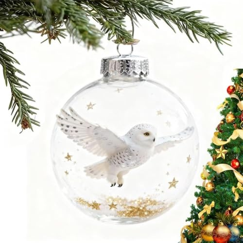 Wildlife Wonders 3D-Glaskugel Weihnachtsschmuck Kristall Feiertagsdekorationen mit Vogel-, Meeres- und Waldleben-Designs, Kollektion 2026 (Schnee-Eule)