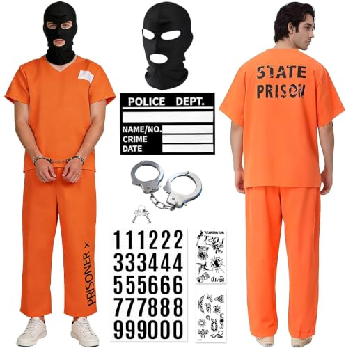 Shengruili Sträfling Kostüm,Prisoner Overall Kostüm,Gefängnis kostüm Zubehör,Prison Costume Orange,Erwachsener Gefängnis,Herren Damen Orange PrisonerCostume für Costume Cosplay