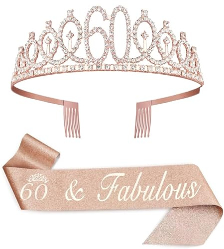60. Geburtstag Deko Damen Roségold - 60 & Fabulous Schärpe & Kristall Tiara Krone, Geburtstagsshärpe Set für Frauen, 60 Jahre Geburtstagsgeschenk