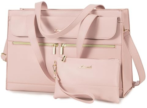 LOVEVOOK Laptop Tote Bags for Women 15.6 Inch Ladies Stylish PU Leather Handbags with Laptop Compartment Large Designer Office Shoulder Bag Womens for Work School Business Shopping, Pink
