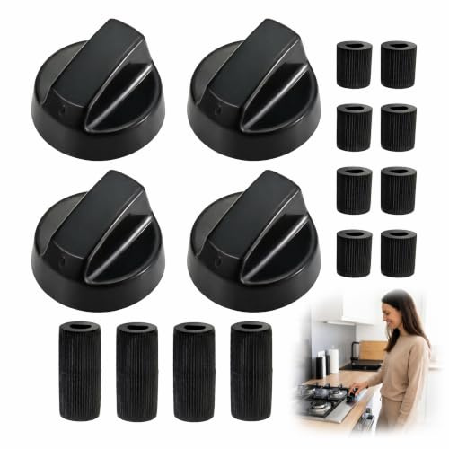 Lot de 4 Boutons de Plaque de Cuisson Universels Noirs, Commande Boutons | Compatibles Gazinière Gaz, Four, Cuisinière Électrique, Inclus 12 Adaptateurs pour Remplacement Rapide