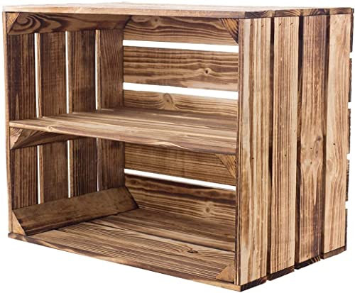 2 geflammte Kisten für Schuh- und Bücherregal - neue Obstkisten Holzkisten Apfelkisten Weinkisten Dekokisten mit Zwischenbrett - schönes Obstkistenregal mit flambierter Optik 50x40x30cm