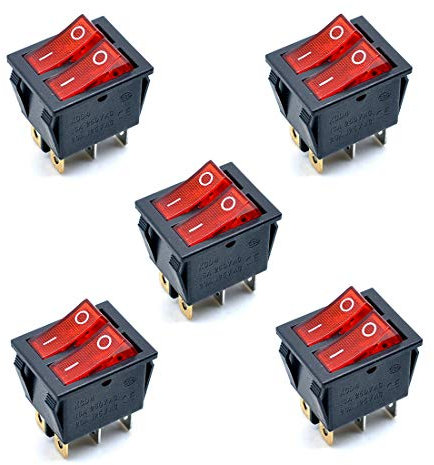 Oiyagai 5 Pezzi Interruttore a Bilanciere KCD4 AC 250V 16A con Luce Rossa, ON/Off, 6 Poli, 2 Vie, Snap-in per Barca