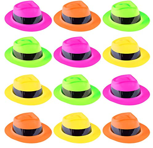 Super Z Outlet 12 Pack Neon Mafia Style Gangster Fedora Dress Hats Children's Birthday Props Supplies Favors