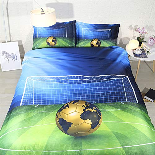 Bettwäscheset Weich Und Anti-Milbe 400 Fadenzahl 100% Baumwolle Fußball Und Basketball Bettwäscheset 3-teilig (1 Bettbezug + 2 Kissenbezüge 50x75cm) (Blaue Weltmeisterschaft,1.8M Bed 220x240cm)