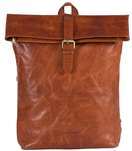 HOLZRICHTER Berlin Rolltop Rucksack No 4-2 aus Leder - Premium Daypack im Vintage-Look für Damen & Herren - Cognac-Braun