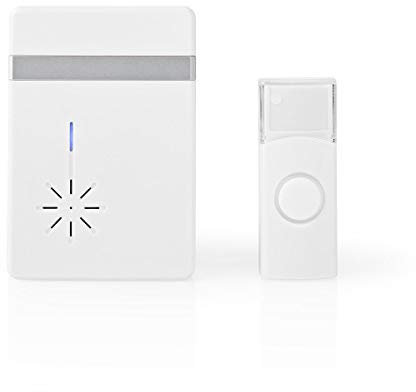 NEDIS DOORB212WT Funk Türklingel Set | batteriebetrieben | 3V DC | 2x AA | 1x CR2032 | Batterien enthalten | Lautstärke 80dB | Signalreichweite 300m | IP44 | 36 Melodien | 1 Empfänger | Weiß/Aluminium