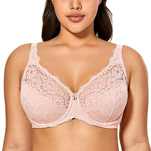DELIMIRA Donna Reggiseno in Pizzo con Ferretto Taglie Forti Sostegno Senza Imbottito Rosa Nudo 5D