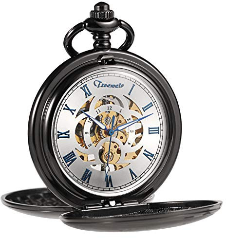 TREEWETO Taschenuhr Unisex Taschenuhr mit Kette Analog Mechanisch Handaufzug Doppelscharnier Antik Römische - Schwarz Blau