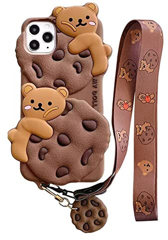 Yatchen Bär-Schutzhülle für iPhone 12 Mini, niedlicher Keksbär, Kawaii-Handyhüllen, 3D-Cartoon-Schutzhülle mit Schlüsselband, lustig, für Damen und Mädchen, weiches Silikon