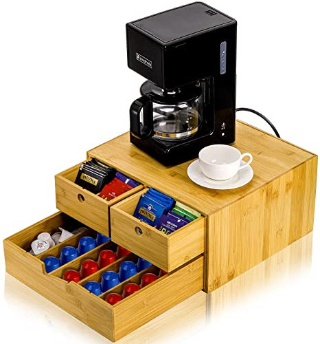SOUJOY Kaffeebar-Organizer für Arbeitsplatte mit Schublade, 2-stöckiger Bambus-Schubladen-Organizer für Kaffeepads, 9 Trennwände, K-Cup-Aufbewahrungsstation für Teebeutel, Küche, Büro, Pausenräume
