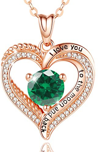 EUDORA Harmony Ball Birthstone Heart Necklace for Women, 925 Sterling Silver May Birthstone Pendant Rose Gold Necklaces, I Love You to the Moon and Back Jewelry Birthday Gift, 20