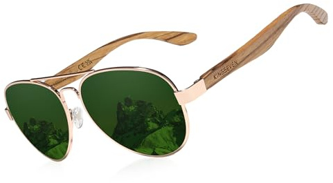 KINGSEVEN Handgefertigte Holzsonnenbrille Polarisierte Herrenbrille UV400 Schutzspiegel Brillen Holzbügel Z5518 (Grün)