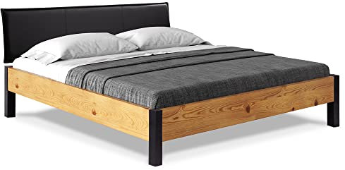 moebel-eins CURBY Bett mit Metallfuß und Polsterkopfteil, Material Massivholz, rustikale Altholzoptik, Fichte