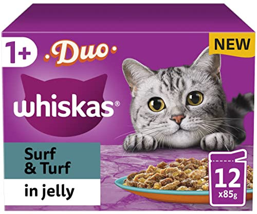 Whiskas Tasty Duo 1+ Surf and Turf in Jelly 48 x 85 g Pouches, Adult Cat Food, Pack of 4 (12 x 85 g)