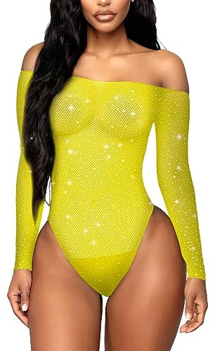 RSLOVE Lencería de Mujer Body de Red Ver A Través Sexy de Manga Larga de Una Pieza Teddy Limón Amarillo Una Talla