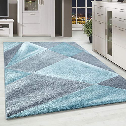 HomebyHome Teppich Wohnzimmer 80x250 cm Läufer Flur Blau Geometrisch Abstrakt Design - Schlafzimmer Teppich Kurzflor Extra Weich Pflegeleicht Teppiche für Küche Esszimmer Jugendzimmer
