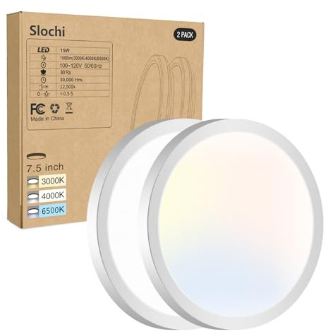 2PACK LED Flush Mount Ceiling Light Fixture, 3000K-4000K-6500K & 100W Equivalent Modern Kitchen Recessed Ceiling Lamp 15W 1500Lm 7.5 Inch Closet Round Surface for Bathroom Laundry Bedroom Hallway