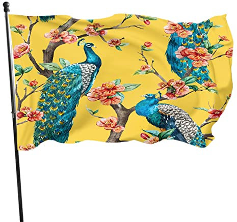 Pfauenflagge, 1,2 x 1,8 m, Aquarell, auf einem Baum, Kirschbaum mit Blumen, gelber Hintergrund, Hausflaggen, große Willkommens-Hof-Banner, Hausgarten, Hof, Rasendekoration