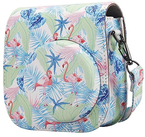 QIYWFA Instant Kamera Schützend Fall Kompatibel mit Fujifilm Instax Mini 12/11/9/8/8+ Instan Kamera Sanft PU Leder Tasche mit Tasche und Abnehmbarer Schultergurt(Blue Flamingo)