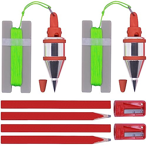 2 PCS Plumb Bob - 8 oz(227g) Plumb-Rite With 16 ft(5m) String, Pencil Sharpener,2 Pencils,Line Used in Construction Can Stretch The String Line Level and Quickly Stabilize the Door Plumb Bobs