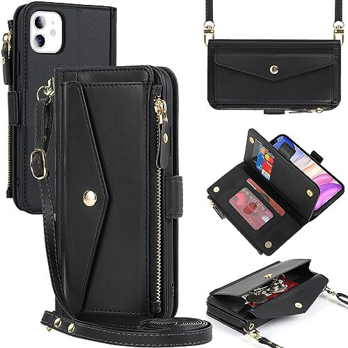 Zouzt for iPhone 11 Wallet Case for Women, Purse with Credit Card Holder Slots Crossbody Lanyard Strap Zipper Flip Book Shockproof Protective Phone Cover for Apple 11 6.1 Inch (Black)