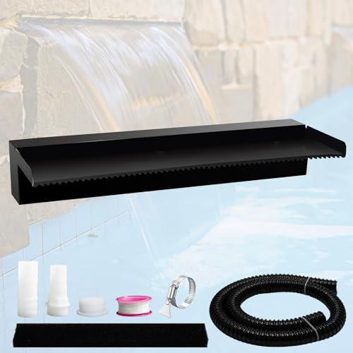 Pamopamo Cascata per laghetto in acciaio inox, fontana per piscina, fontane da esterno in polvere nera, kit per decorazione di giardini, patio, laghetti, 60 cm (senza luce)