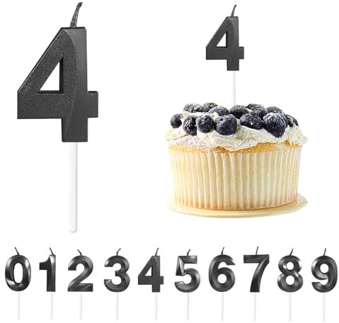 Schwarze 3D Geburtstagskerzen mit Zahlen - 5 cm Nummer Kerzen für Torte, Tortendeko für Jahrestag Partys - Nummer 4