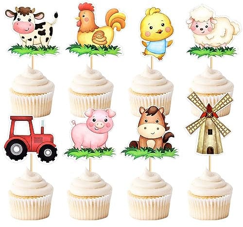 Blumomon 32 Stück Bauernhoftiere Cupcake Toppers Kuh Schaf Schwein Huhn Cupcake Picks Scheune Bauernhof Tiere Kuchen Dekorationen für Kindergeburtstag Party Baby Shower Party Dekorationen Zubehör