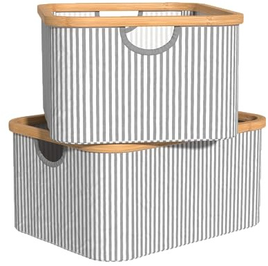 ClosetMaid Laundry Hamper Storage Baskets, Bamboo Frame, Portable, Collapsible Design, Freestanding, Stripe (2-Pack)