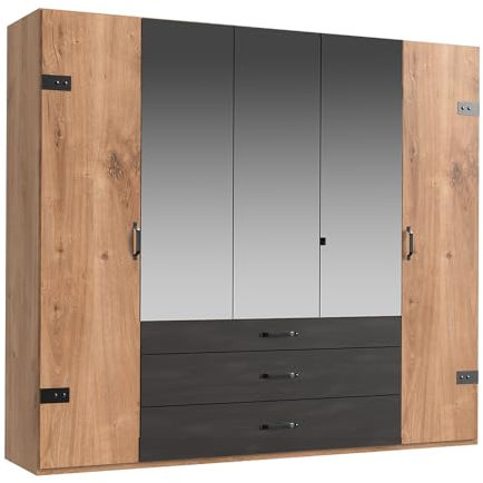 Lomadox Kleiderschrank Drehtürenschrank, 250 cm, 5 Türen, 3 Spiegeltüren, 3 Schubladen, Eiche mit Stahl Nb.
