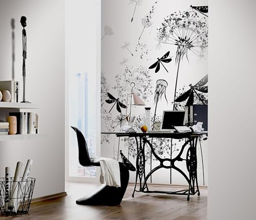 Newroom Vliestapete Schwarz Pusteblume Tapete Wohnzimmer Schlafzimmer | Löwenzahn Libellen Motiv in Grautönen auf Weiß, matt mit Sprenkeleffekt, Mustertapete skandinavisch grafisch, für Flur Büro