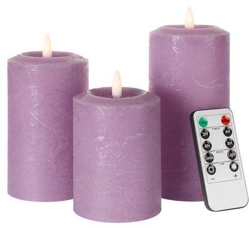 ANGELLOONG Real Wax LED Candles Flickering, Flameless Battery Operated Candle with Remote, Pillar Electric Timer Candles for Home Holiday Decor, Purple, XPXW3X456-P