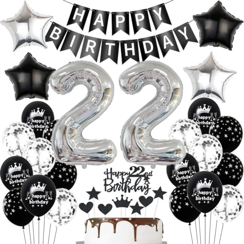 Schwarz Silber Luftballons 22. Geburtstag Dekoration,Schwarz Silber Geburtstagsdeko 22 Jahre Frauen Männer,Ballons 22. Geburtstag Mann, 22 Jahre Tortendeko,22. Party Deko