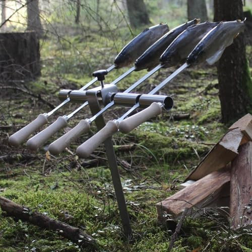 Premium Steckerlfisch Halter für Lagerfeuer - Platz für 4 Fische - Fisch Grill Spießhalter für offene Feuerstellen - stufenlos verstellbar - Fischhalter 100% Edelstahl - Asado Grill