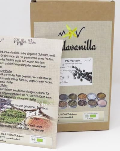 Pfeffer Box - Geschenkbox mit 4 verschiedenen Pfeffersorten + 200g mit Info/Rezept Flyer