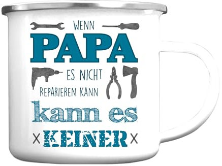 Emaille Campingbecher Spruch Wenn Papa oder Opa es nicht reparieren kann Outdoorgeschirr, silber, Opa